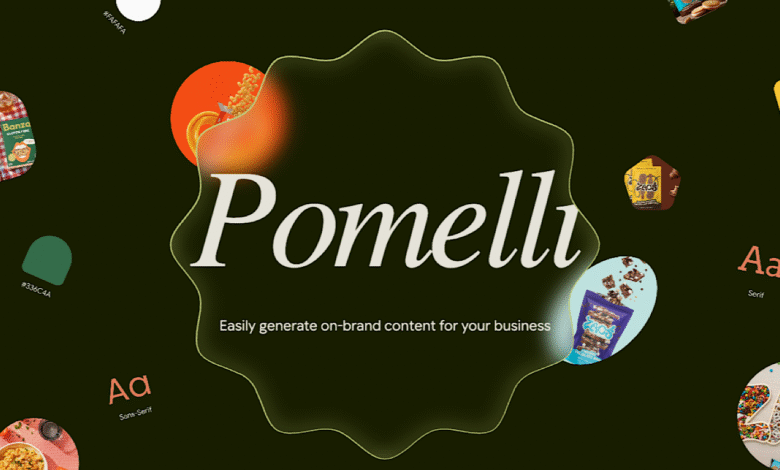 Pomelli logo with food product images and color swatches on a dark green background.