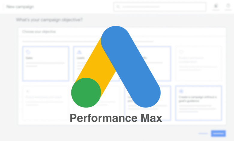 Google Ads Performance Max logo overlayed on a campaign setup screen.