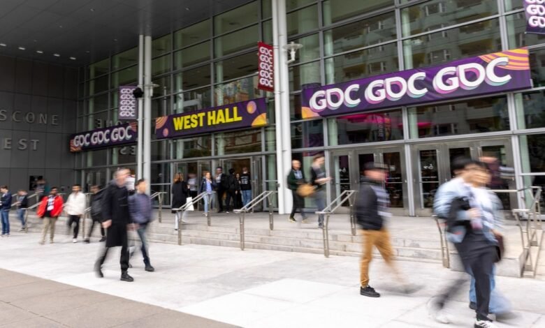 People entering the Moscone West building for the GDC conference.