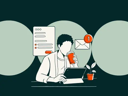 Person drinking coffee while working on a tablet with email notification.
