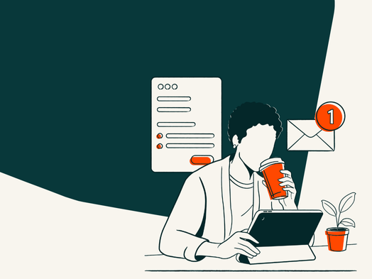 Person drinking coffee while using a tablet, with an email notification icon.