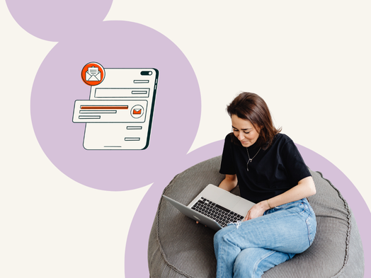 Woman working on a laptop with an illustration of email notifications on a phone screen.