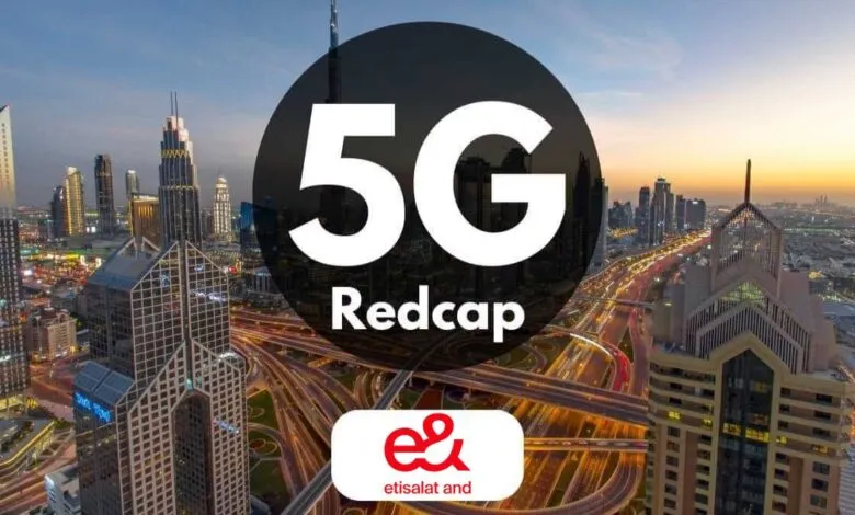 5G Redcap logo overlay on a vibrant Dubai cityscape at dusk with illuminated highways.