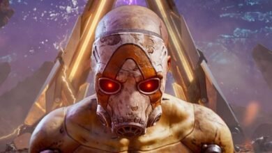 Close-up of a Borderlands Psycho character with glowing red eyes and a distinctive mask.