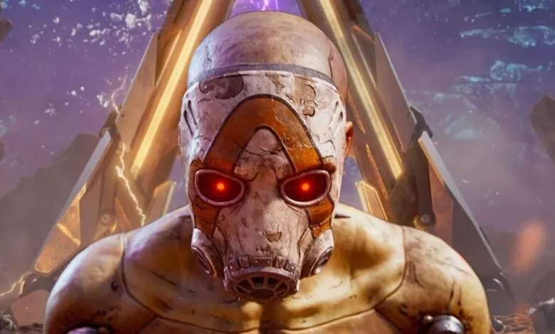 Close-up of a Borderlands Psycho character with glowing red eyes and a distinctive mask.