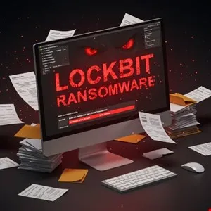 Computer screen displaying LockBit ransomware warning with red eyes and text.