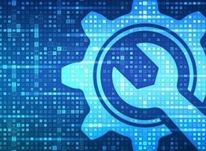 Digital illustration of a wrench and gear symbol against a blue, pixelated background.