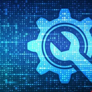 Digital illustration of a wrench and gear symbol against a blue, pixelated background.