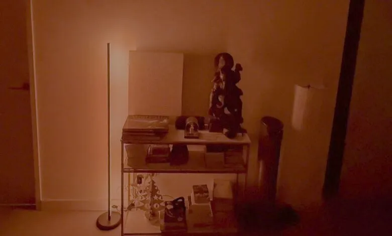 A dimly lit room bathed in intense red light, with a shelf holding objects and a floor lamp.