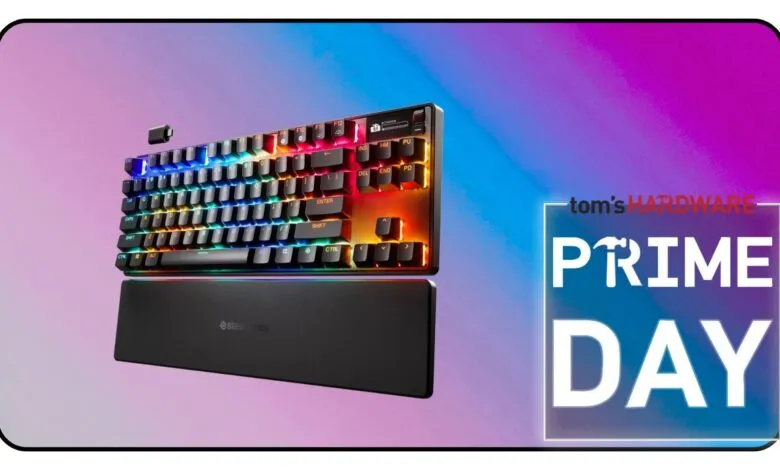 Gaming keyboard with RGB lighting and wrist rest, next to a Prime Day graphic.