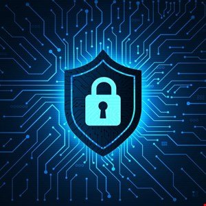 Digital shield with a padlock icon against a glowing blue circuit board background.