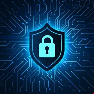 Digital shield with a padlock icon against a glowing blue circuit board background.