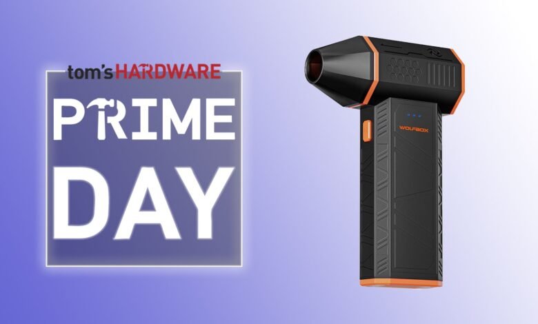 Tom's Hardware Prime Day sale featuring a black and orange portable air compressor.