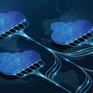 Abstract digital clouds connected by glowing blue lines on a dark background.