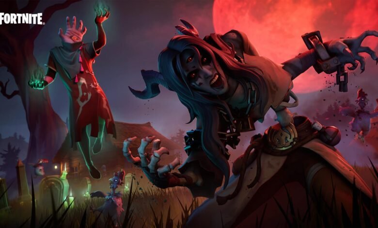 Fortnite characters in a spooky graveyard setting with a large red moon.