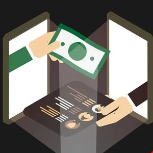 Illustration of hands exchanging money and coins between two digital devices.