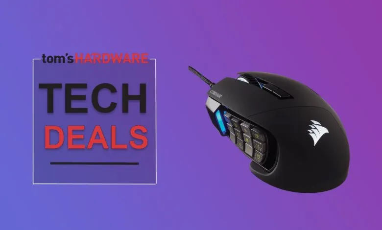 Black Corsair gaming mouse with illuminated buttons and Tom's Hardware Tech Deals logo