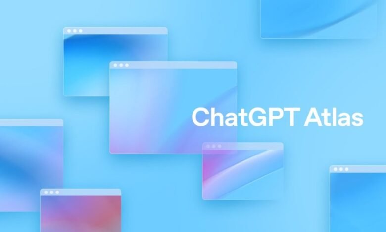 Abstract windows displaying gradients of blue, purple, and pink, with 'ChatGPT Atlas' text.