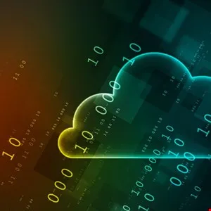 Digital cloud icon with binary code overlay, representing cloud computing.
