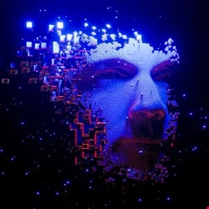 Digital face dissolving into glowing cubes against a dark background.