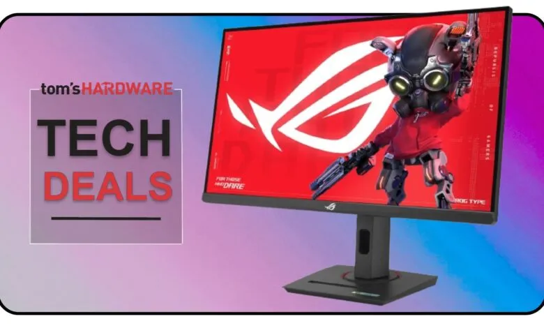 Tom's Hardware Tech Deals banner next to a gaming monitor displaying the ROG logo and a robot character.
