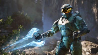 Master Chief in green armor holding a glowing blue energy sword in a forest setting.