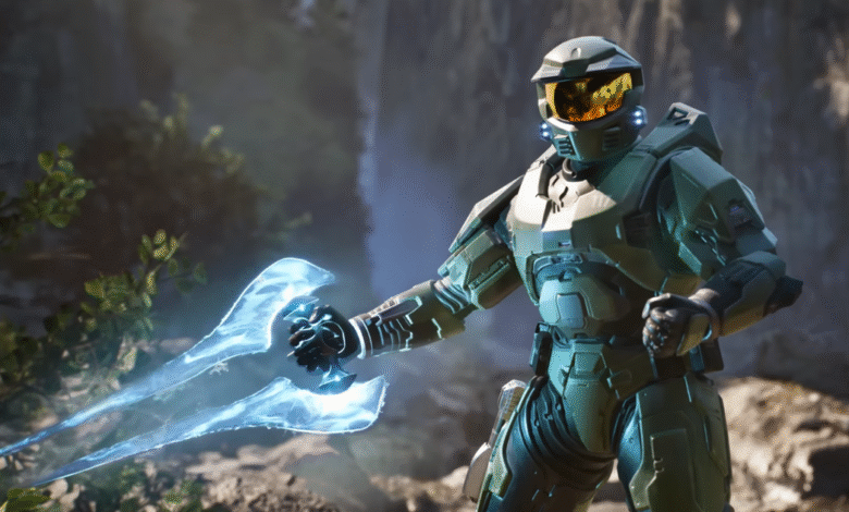 Master Chief in green armor holding a glowing blue energy sword in a forest setting.