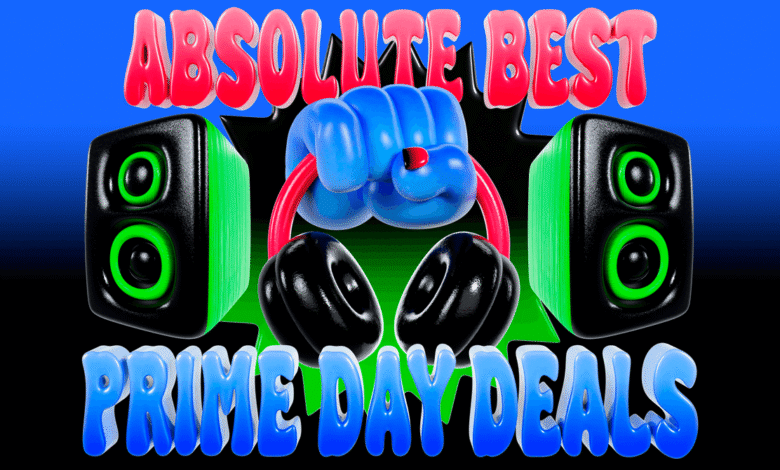 3D illustration of speakers, headphones, and text promoting Prime Day deals.