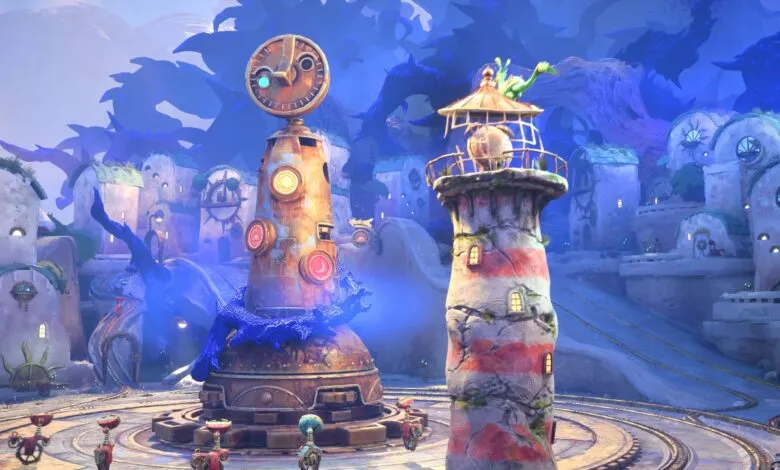 Whimsical steampunk town with a rusty clock tower and a striped lighthouse.