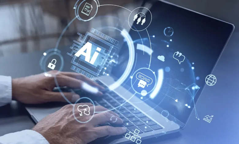 Hands typing on a laptop with AI interface and digital icons.