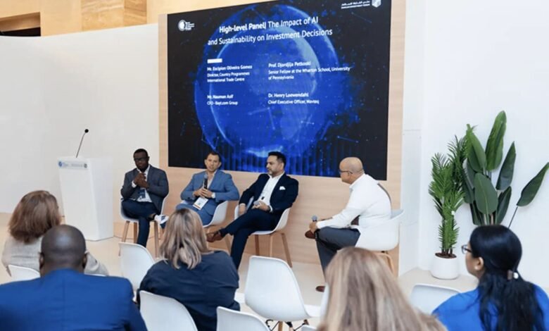 Panelists discuss AI and sustainability on investment decisions at a conference.