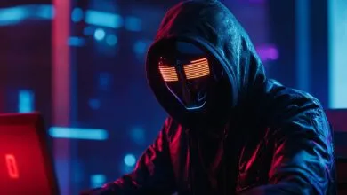 Person in a hooded jacket and futuristic mask with glowing red eyes, working on a laptop in a dark, neon-lit room.