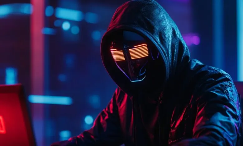 Person in a hooded jacket and futuristic mask with glowing red eyes, working on a laptop in a dark, neon-lit room.