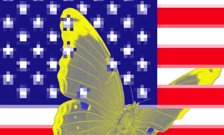A yellow butterfly superimposed on a pixelated American flag.