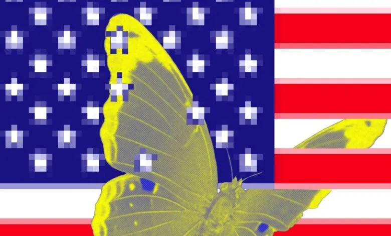 A yellow butterfly superimposed on a pixelated American flag.