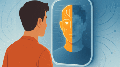 Man looks into a screen showing his face split between organic and digital halves.