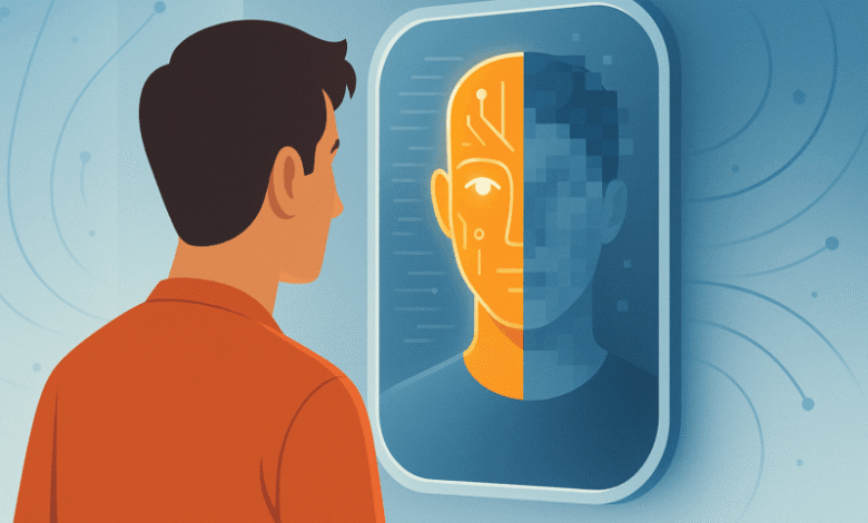 Man looks into a screen showing his face split between organic and digital halves.