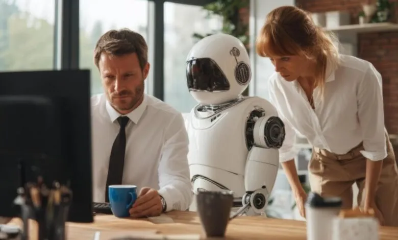 Man and woman working with a humanoid robot in an office setting.