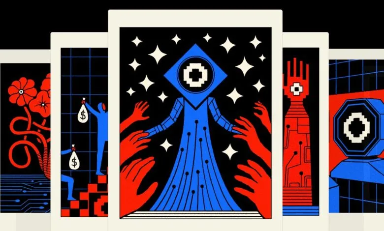 Collage of stylized illustrations depicting AI, finance, and technology themes.