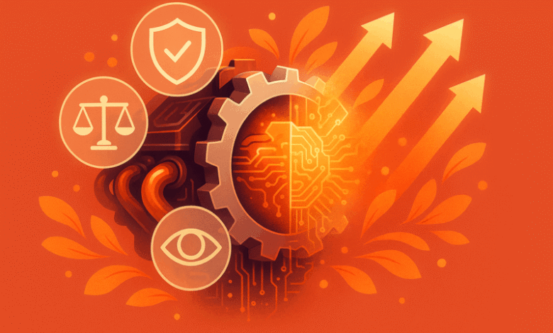 Illustration of a gear merging with a circuit board, symbolizing AI, with icons for law, security, and vision.