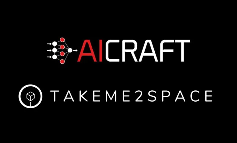 Logos for AICRAFT and TAKEME2SPACE on a black background.