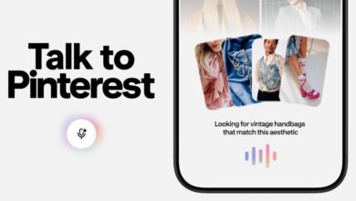 Screenshot of Pinterest app interface with voice search prompt and fashion images.