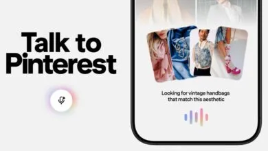 Screenshot of Pinterest app interface with voice search prompt and fashion images.