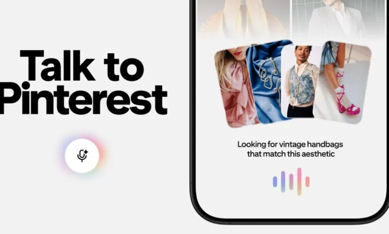 Screenshot of Pinterest app interface with voice search prompt and fashion images.