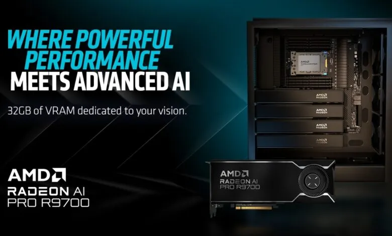 AMD Radeon AI Pro R9700 graphics card and internal PC components.
