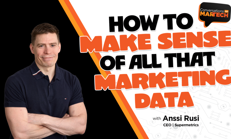 Man in a navy polo shirt with arms crossed, next to text about marketing data.