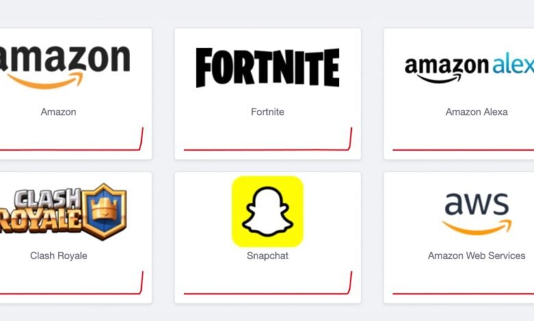Logos of popular brands including Amazon, Fortnite, Amazon Alexa, Clash Royale, Snapchat, and AWS.