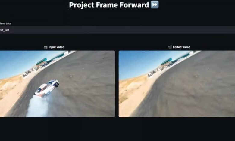 Side-by-side comparison of an input video and edited video showing a car drifting.