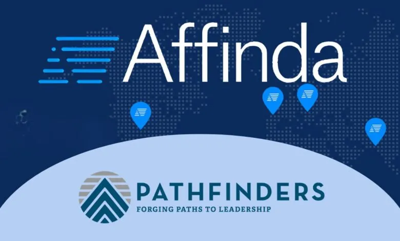 Affinda and Pathfinders logos with a world map background.