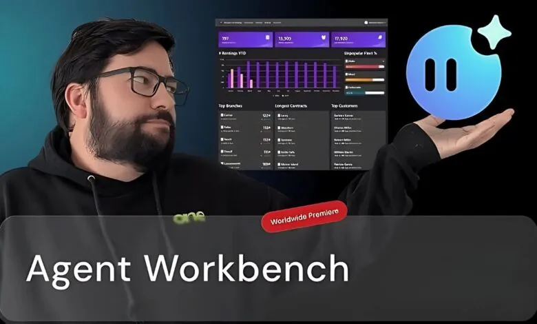 Man wearing glasses and a black hoodie presents a digital dashboard and a blue logo.